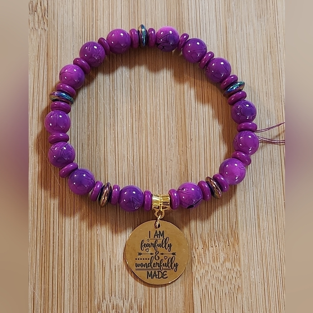 Hand Crafted Charm Stretch Bracelet Purple Gold Engraved Charm Inspirational